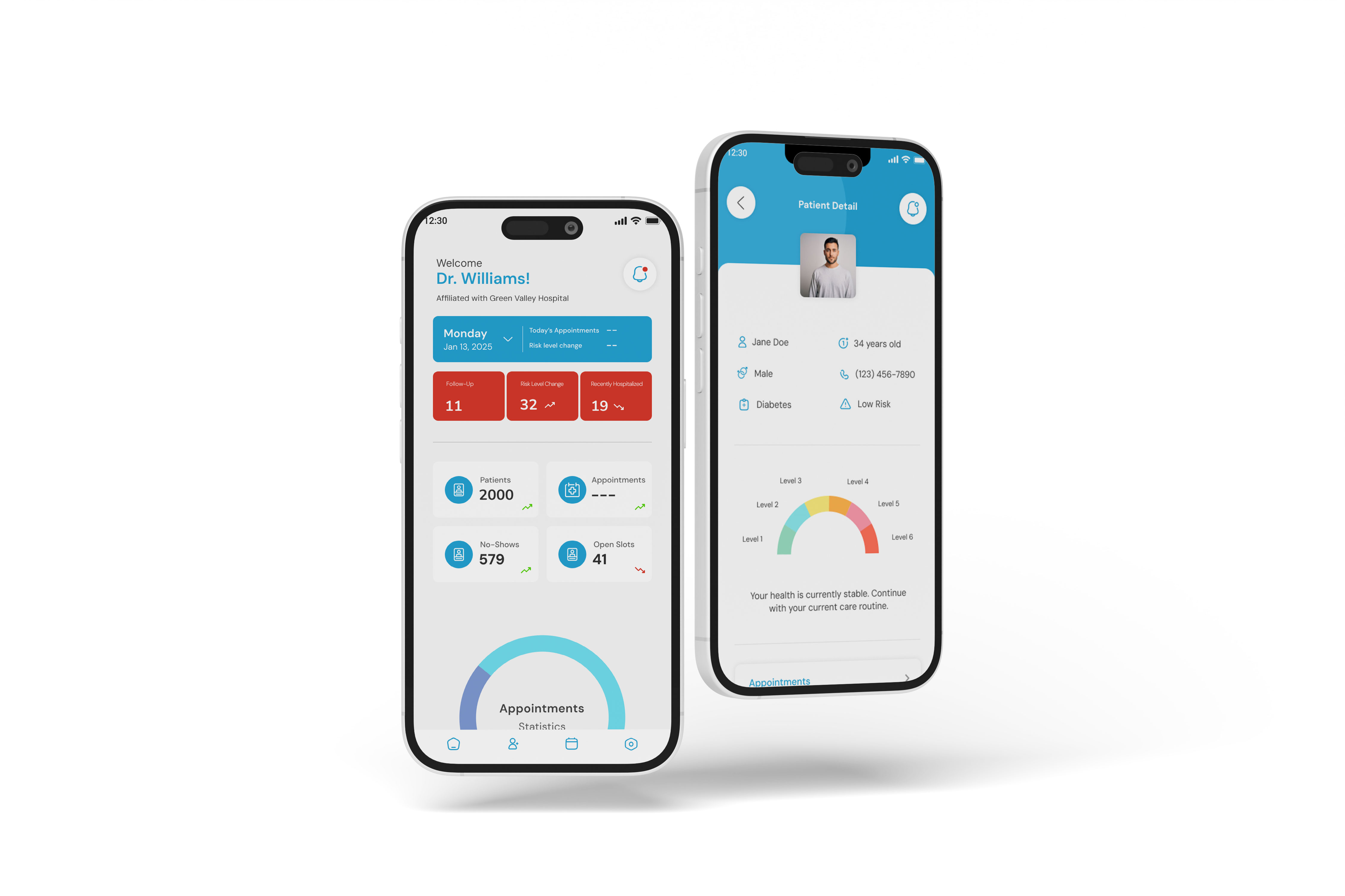 DocLinq doctor mobile app showing doctor dashboard and patient detail screen