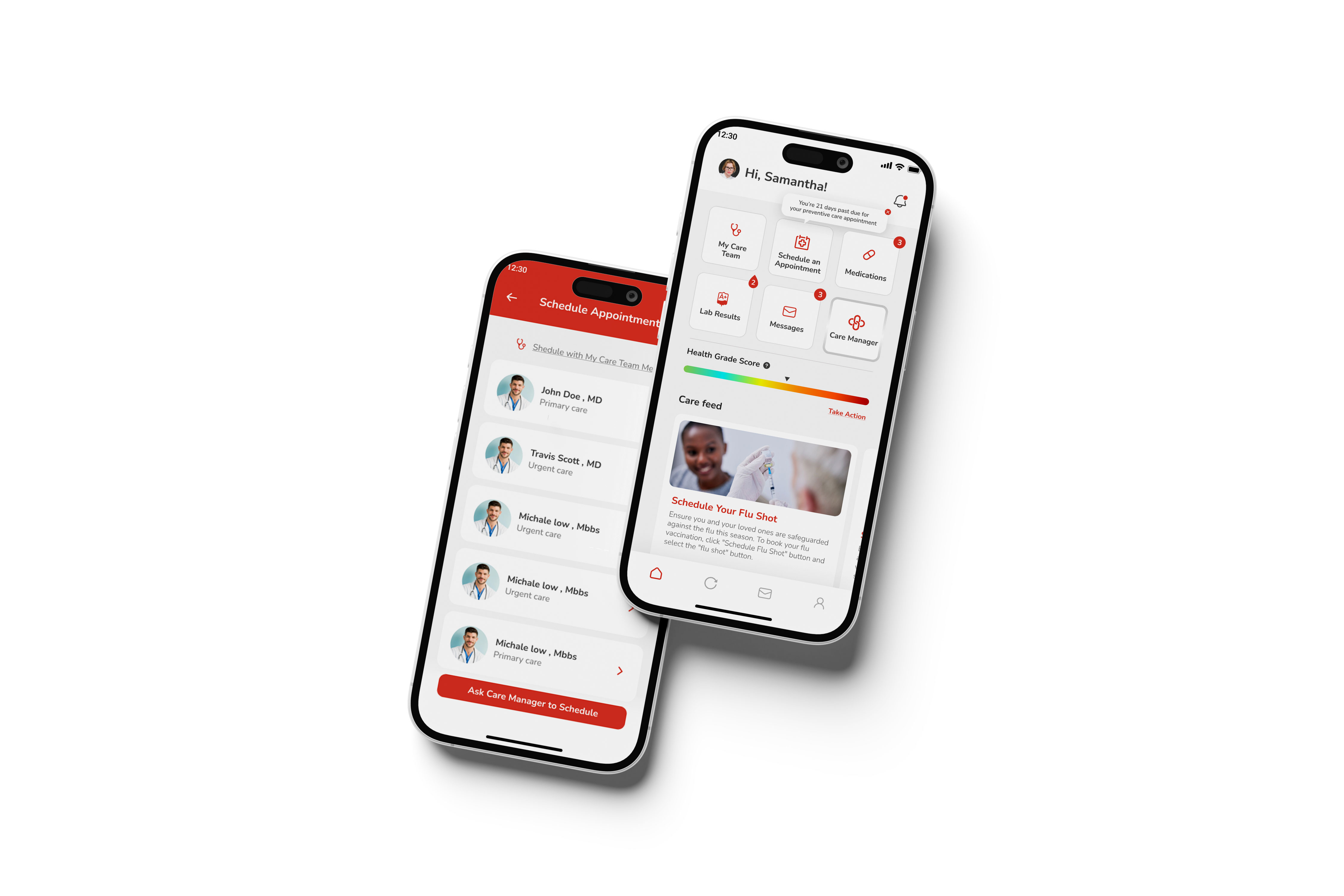 DocLinQ patient mobile app showing appointment scheduling and health dashboard
